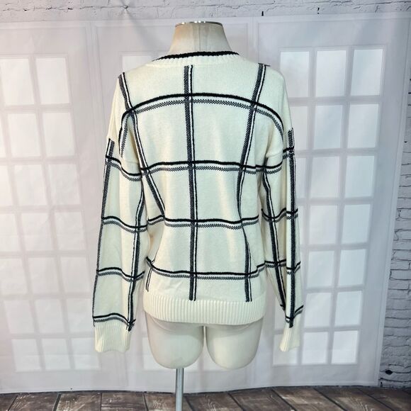 Moth Anthropologie Black White Windowpane Plaid V-Neck Sweater Size Medium - Picture 8 of 13